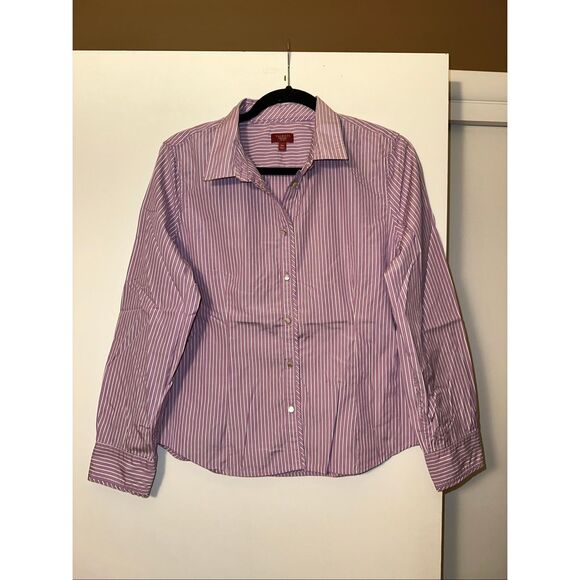 Talbots 16P Striped Collared Long Sleeve Blouse Button Down Purple White Flaw - Picture 4 of 12